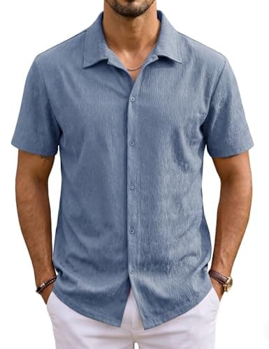 URRU Mens Short Sleeve Dress Shirts Casual Stretch Wrinkle Free Button Down Shirts Beach Summer Tops Deep Blue XXL