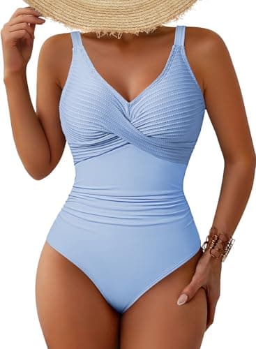 Pink Queen Women's One Piece Swimsuit Adjustable Strap Bathing Suit Color Block Ribbed High Cut Swimsuits Light Blue M - Image 1
