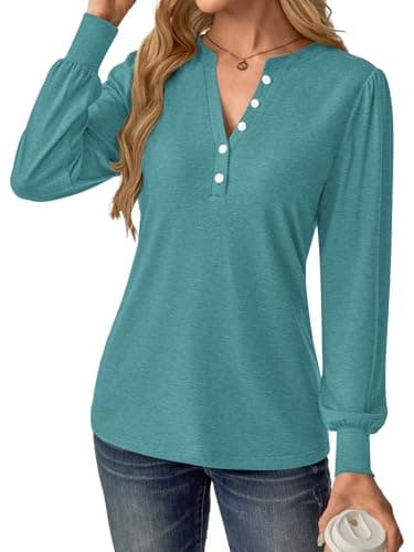 GKBK Women's Puff Long Sleeve Tunic V Neck Button Blouses Fall Tops Trendy Dressy Casual Business Henley Shirts Cyan M - Thumbnail 5