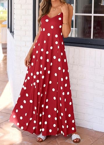 KIRUNDO Boho Maxi Dress for Women Summer Spaghetti Strap V Neck Polka Dot Flowy Long Beach Vacation Sundress with Pockets(Red, Large) - Thumbnail 4