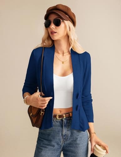 Plus Size Cardigan for Women Fall Cropped Cardigan Lightweight Long Sleeve Knit Button Down Coatigan Royal Blue - Thumbnail 5