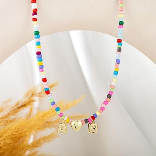 Turandoss Colorful Beaded Heart Initial Necklaces - 14K Gold Plated Heart Initial Pendant Dainty Letter K S Choker Necklaces for Women Wife Sister Jewelry Personalized Birthday Gifts - Thumbnail 6