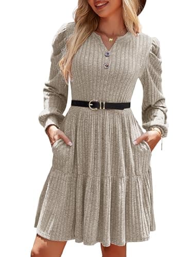 UEAL Fall Sweater Dresses for Women 2025 Modest Winter Puff Long Sleeve Dress V Neck Medium Khaki - Image 1