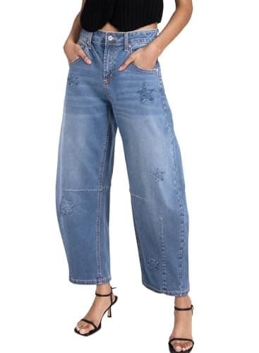 Sidefeel Women's Barrel Jeans Wide Leg Mid Rise Y2k Baggy Boyfriend Vintage Denim Pants Size 6 Starry Blue - Image 1