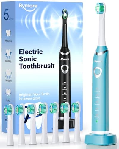 Bymore Electric Toothbrush for Adults,Travel Sonic Toothbrush with 8 Replacement Heads, Ultra Clean RechargeableToothbrush Portable One Charge for 330days 5 Modes 2mins Timer-Cyan Blue - Image 1