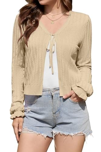 JUYUEO Womens Crochet Cropped Cardigan Bolero Tie Front Shrug Cute Long Sleeve Knit Sweater for Dresses Apricot XL - Image 1