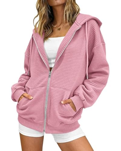 BTFBM Zip Up Hoodie Women Long Sleeve Sweatshirts Fall Outfits 2025 Oversized Hoodies Casual Fashion Jackets(Solid Pink,Small) - Image 1