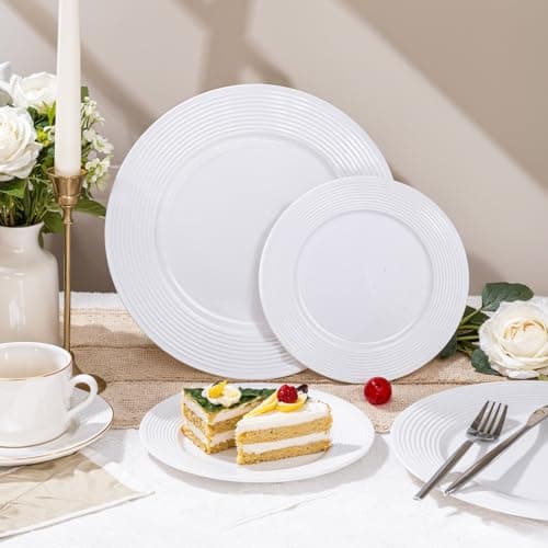 FLOWERCAT 100PCS White Plastic Plates - Heavy Duty Plastic Plates Disposable-Straw hat plates for Christmas party &Wedding/New Year - Serve for 50guests party(10inch & 7inch)(White) - Thumbnail 5