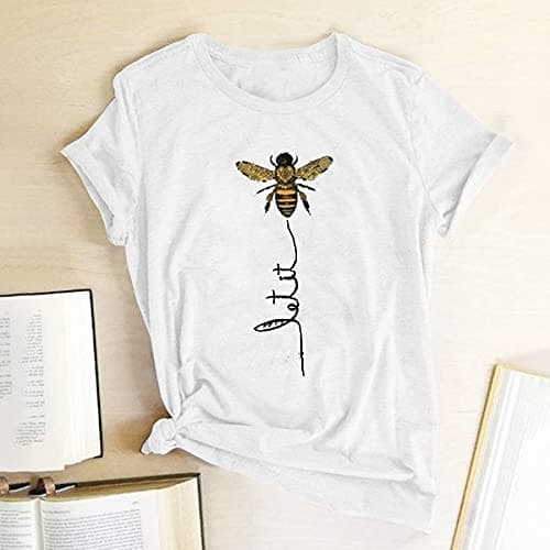 Pfvkeree Womens Cute Bee Graphic Tee Shirts Short Sleeve Let It Bee Funny Letter Print Summer T-Shirt Tops White - Thumbnail 3