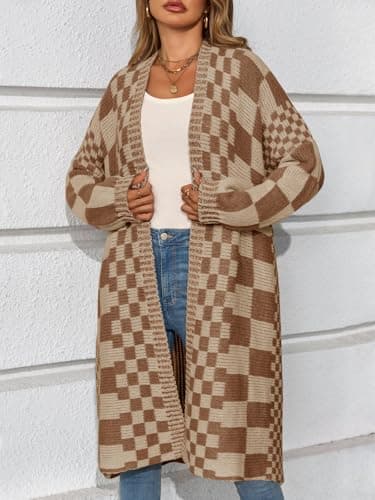 Saodimallsu Womens Checkered Long Cardigans Chunky Oversized Open Front Batwing Sleeve Color Block Knit Sweater Coats Dark Khaki - Thumbnail 2