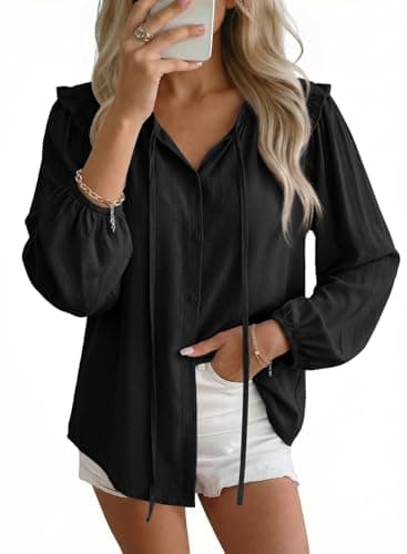 Dokotoo Women Blouses Fashion Summer Ruffle Round Neck Button Down Shirts Work Tops for Women Trendy Smocked Boho Tops Elegant School Outfits for Teachers Women's Clothing Black Medium - Thumbnail 2
