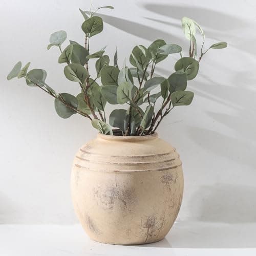 Lyeec Ceramic Flower Vase, 8.66 inch Tall Round Rustic Farmhouse Decorative Vase for Home Decor, Living Room Entryway Table Centerpiece Decor - Image 1