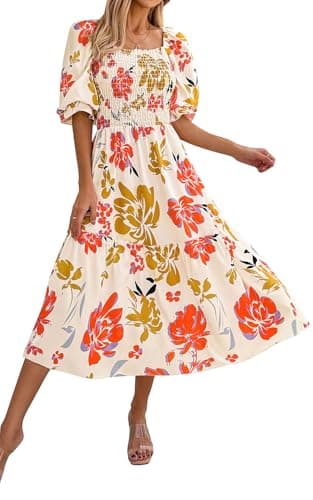 PRETTYGARDEN Women's Summer Casual Midi Dress 2026 Spring Puff Sleeve Square Neck A Line Flowy Boho Floral Smocked Dresses (Apricot Yellow Red Flower,XXL) - Image 1