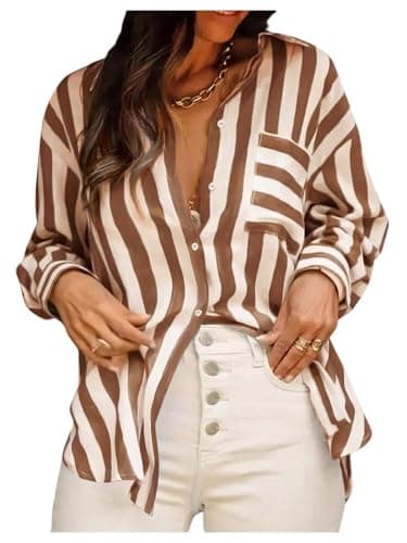 GORGLITTER Women's Striped Button Down Shirt Dressy Long Sleeve Blouses Business Casual Collared Office Siren Work Shirt Khaki X-Large - Image 1