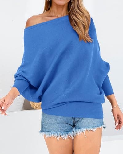 Zenlonr Women's Fall Sweaters 2026 Casual Long Batwing Sleeve Loose Off Shoulder Knit Pullovers Jumper Tops(Brilliant Blue,Medium) - Thumbnail 3