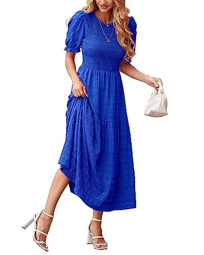 dowerme Womens Summer Dresses 2025 Casual Puff Short Sleeve Crewneck Smocked Flowy Ruffle Boho Beach Party Maxi Sundress(Royal Blue,X-Large) - Image 1