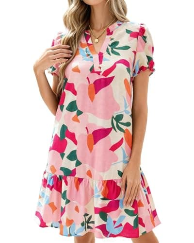 dowerme Womens Summer Dresses 2026 Puffy Sleeve V Neck Loose Floral Print A Line Boho Mini Babydoll Dress with Pockets(Apricot Rose Red Flower,XX-Large) - Image 1