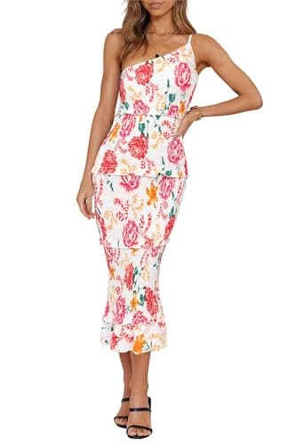 PRETTYGARDEN Women's Summer Midi Bodycon Dresses One Shoulder Strappy Tiered Ruffle Floral Boho Sun Dress (Floral White Red,X-Large) - Image 1