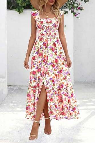 dowerme Womens Summer Maxi Dresses 2026 Casual Ruffle Sleeve Button Smocked Floral Slit Boho Dress Spring Beach Sundress(White Pink Flower,Medium) - Thumbnail 2
