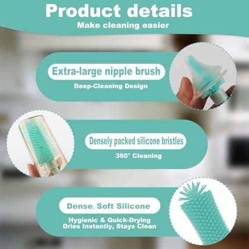 ZTX Push-to-Foam Silicone Bottle Brush Set - One-Press Rich Foam for Baby Bottles, Breast Pump Parts & Nipples - with Detachable Nipple Brush & Portable Travel Storage Bag, Blue - Thumbnail 4