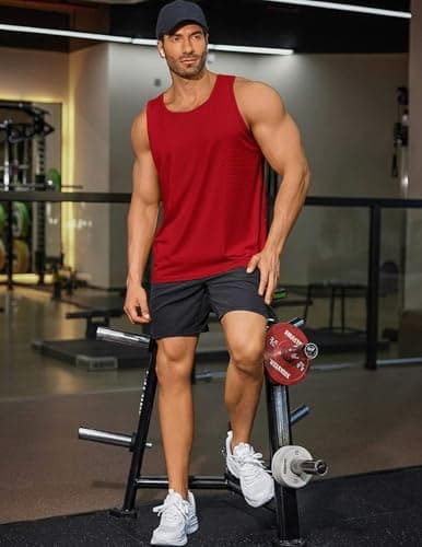 PINSPARK Mens Athletic Tank Tops All Day Comfort Sleeveless Shirts Quick Dry Breathable Workout Gym Sports Vest Summer Tee Red - Thumbnail 3