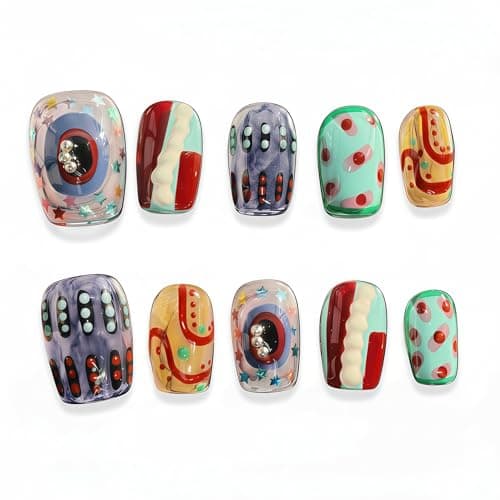 Fine Point Handmade Press On Nails, 10pcs Short Ballerina Square, Gallery Pop Polka Dot Mix Print, Reusable Glue On False Nails (Size Large) - Image 1