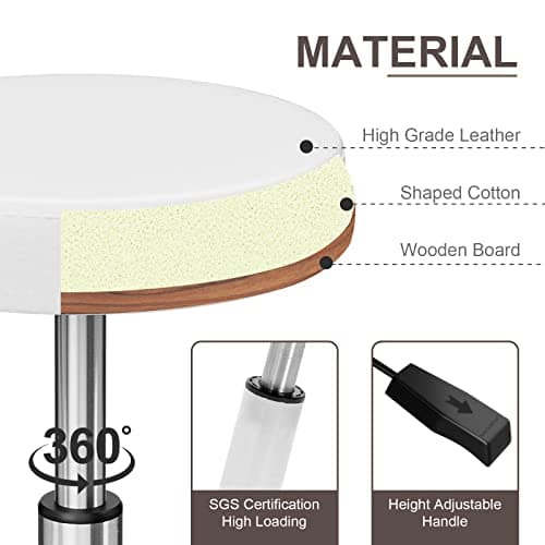 Icoget 360 Swivel Round Rolling Stool Chair, Height Adjustable Salon Shop Stool, Drafting Work SPA Medical Stools Office Chair with Wheels, White - Thumbnail 4