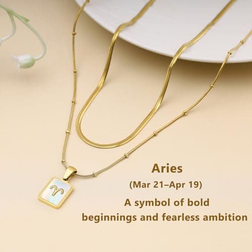 LETFLY Aries Zodiac Gold Necklace Stack for Women, 18K Gold Plated Square Shaped Pendant with Adjustable Layered Snake Chain for Women Jewelry Gifts - Thumbnail 5