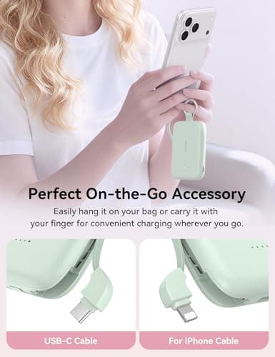 RORRY Portable Charger, 10000mAh PD 30W Fast Charging Portable Charger Power Bank with Built-in Cables, Travel Keychain Charger Battery Pack for iPhone 17/16/15/14/13/12, for AirPods 2/3/4/Pro, Green - Thumbnail 2