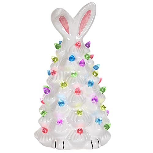 WYEDJHF Cute Ceramic Easter Tree Bunny Decor, Light up Easter Bunny Decor Spring Decorations for Indoor Bedroom Office Decor Tabletop for Kid Gifts (White) - Image 1