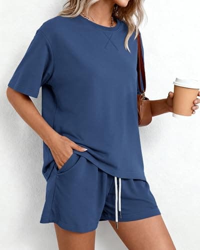 Zenlonr Women's Two Piece Lounge Sets 2026 Summer Casual Oversized Shirts Shorts Matching Airport Travel Outfit(Blue,Medium) - Thumbnail 4