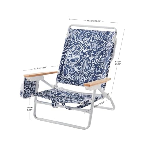 DEER LAND 5-Position Low Beach Chair, Portable Lightweight Folding Beach Chair with Wooden Armrests, Storage Pouch & Carry Strap, Coastal Beach Print – Reef Indigo - Thumbnail 3