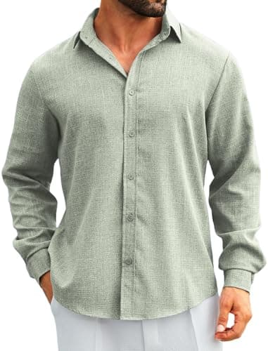 MAPICK Mens Casual Button Down Shirts Long Sleeve Tropical Linen Shirts Untucked Dress Stretch Shirts(A-Sage Green,4X-Large) - Image 1