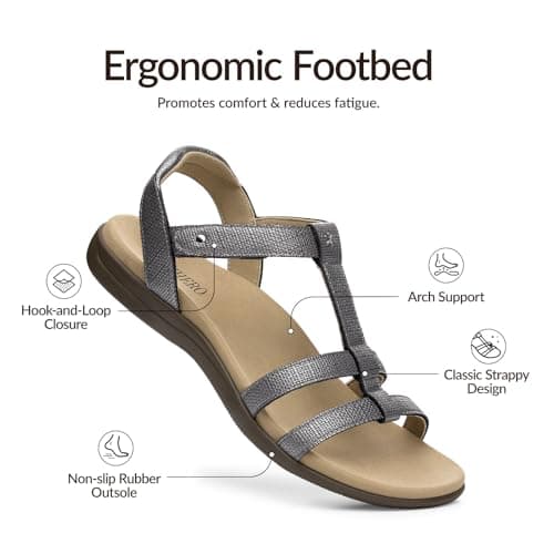 Rihero Arch Support Orthopedic Sandals for Women Comfortable Dressy Summer Orthotic Flat Sandals for Beach Walking Grey Emboss Size 7.5 - Thumbnail 4