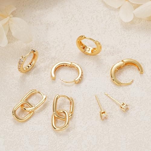 Small Gold Hoop Earrings Set for Women, 14K Gold Plated Lightweight Earrings Sets for Multiple Piercing, Hypoallergenic Huggie Hoops Earrings for Women Jewelry - Thumbnail 6