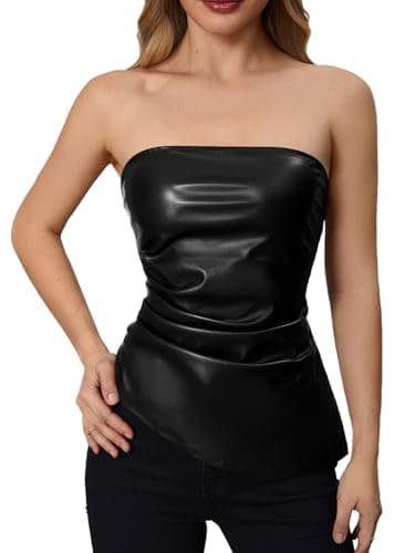 MakeMeChic Women's Leather Corset Tops Strapless Tube Asymmetrical Ruched Backless Crop Going Out Tops Black Medium - Image 1