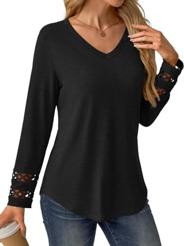 GKBK Women’s Long Sleeve V Neck Tunic Top Casual Dressy Blouse Business Loose Fit Trendy 2025 Fall Outfits Black L - Thumbnail 3