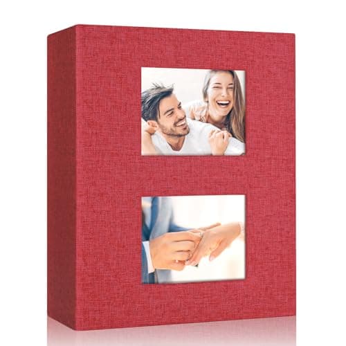 MSTONAL Photo Album 4x6 200 Pockets for Wedding Gifts, Linen Hardcover Memory Book with Front Window for Family Anniversary School Baby Travel Pictures Holds 200 Horizontal Photos, Red - Image 1