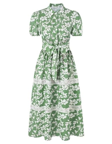 GRACE KARIN Women's 2026 Summer Floral Flowy Dresses Boho Tie Belt Short Puff Sleeve A Line Maxi Shirt Dress with Pocket Green White Leaf Large - Image 1