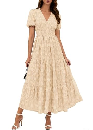 KIRUNDO Womens Boho Maxi Dress Summer Short Sleeve V Neck Floral Flowy A Line Formal Wedding Guest Baby Shower Long Dresses(Apricot, Medium) - Image 1