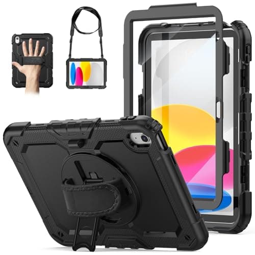 WEGLS Case for iPad (A16) 11th/10th Generation 11''/10.9'' 2025/2022 with Screen Protector Pencil Holder, 360 Rotating Hand Strap & Stand, Black - Image 1