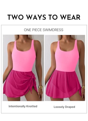Aleumdr Women's One Piece Swimsuits Tummy Control Swimdress U Neck Tie Knot Bathing Suit with Berifs Color Block Mesh Skirt Athletic Swimwear Summer Beachwear Hot Pink X-Large - Thumbnail 4