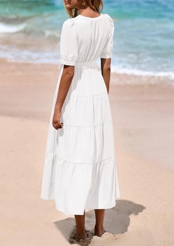 PRETTYGARDEN Summer Dresses for Women 2026 Elegant Classy Short Sleeve V Neck Ruffle A Line Belted Long Beach Vacation Dress (White,Medium) - Thumbnail 2
