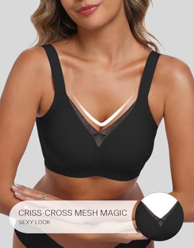 AYIFU Womens Wireless Bras Comfortable V Mesh Full Coverage Seamless Bralette Supportive No Underwire Tshirt Everyday Bra (Black, L) - Thumbnail 3
