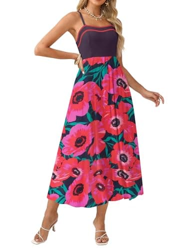 Casual Summer Dress for Women 2026 Color Block Floral Spaghetti Strap Maxi Dress Black Pink Floral XXL - Image 1