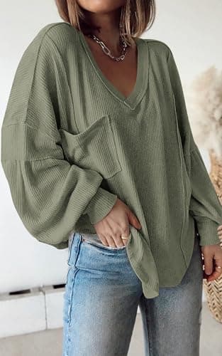 BTFBM Womens Fall Fashion 2026 Long Sleeve Shirts Casual V Neck Ribbed Knit Blouses Pullover Trendy Loose Fit Tunic Tops(Bean Green, Large) - Thumbnail 2