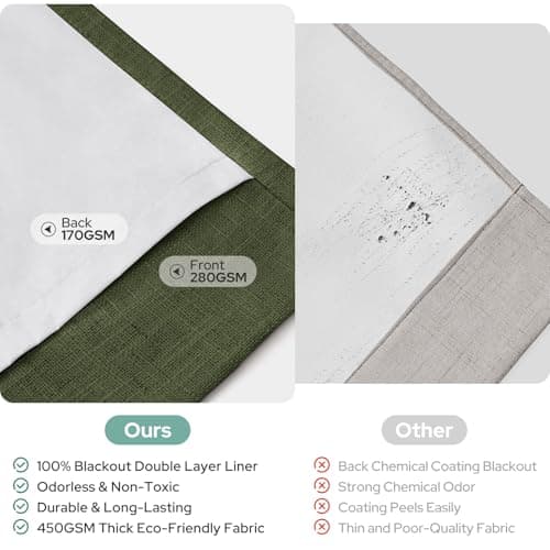 HOMEIDEAS Olive Green Pinch Pleated Curtains 100% Blackout,Linen Blend Luxury Thermal Insulated with Adjustable Hooks, for Living Room Bedroom Modern Farmhouse Decor, 40" Wx84 L 2 Panels - Thumbnail 5