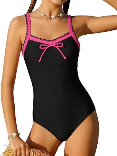 AMAWMW Girls Swimsuit Contrasting Trims Adjustable Straps Bathing Suit Summer Beach Swimwear for Teen Girls 7-16y, Black, 13-14 Years - Image 1