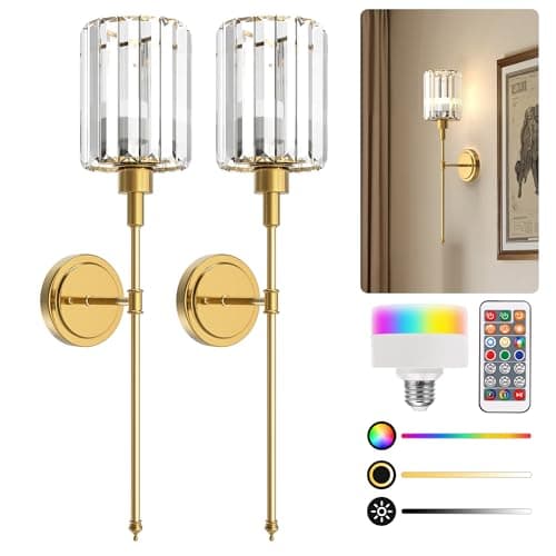 L LOHAS LED Battery Operated Wall Sconces Set of 2, Single Brass Wall Sconce with Crystal Shade - Modern Vanity Lighting Fixture for Bathroom, Bedroom, Mirror, Living Room, Hallway