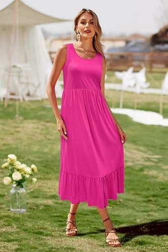 STYLEWORD Women's 2026 Casual Summer Tank Dress Crewneck High Waist Beach Sundress Midi Dresses with Pockets(Hot Pink,L) - Thumbnail 4